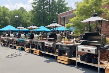 Canvas Print - grilling competition setup with multiple bbq grills, created with generative ai