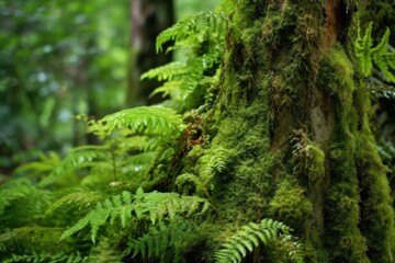 close-up of moss-covered tree trunk and ferns, created with generative ai