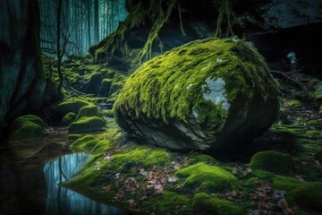 Poster - close-up of mysterious moss-covered rock in forest, created with generative ai