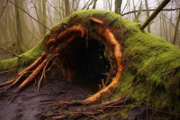 Wall Mural - fallen tree with beetle holes and tunnels, created with generative ai