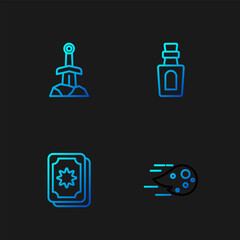 Poster - Set line Fireball, Tarot cards, Sword in the stone and Bottle with potion. Gradient color icons. Vector