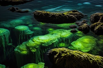 Wall Mural - bioluminescent algae patterns in tide pool close-up, created with generative ai