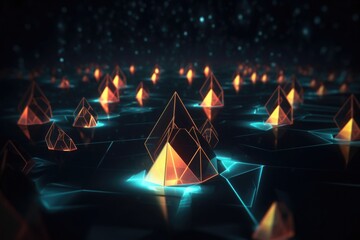 Wall Mural - glowing geometric shapes floating in a dark space, created with generative ai