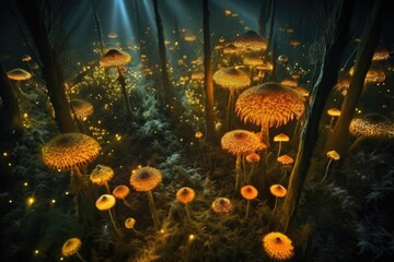 Sticker - aerial view of a glowing fungal forest at night, created with generative ai