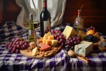 Canvas Print - wine bottles, cheese platter, and grapes on a checkered blanket, created with generative ai