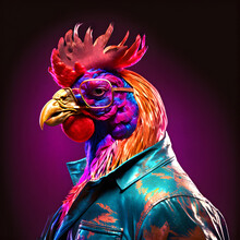 Realistic Lifelike Rooster In Fluorescent Electric Highlighters Ultra-bright Neon Outfits, Commercial, Editorial Advertisement, Surreal Surrealism. 80s Era Comeback