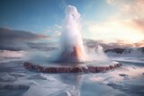 erupting geyser surrounded by icy terrain, created with generative ai