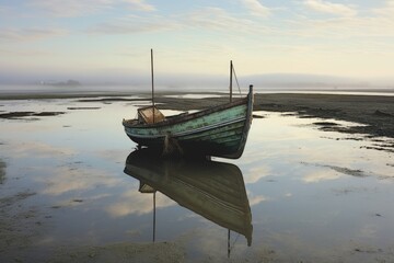 Canvas Print - tilted boat in shallow lagoon at low tide, created with generative ai