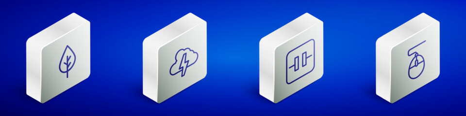 Sticker - Set Isometric line Leaf Eco symbol, Cloud and lightning, Electrolytic capacitor and Computer mouse icon. Vector