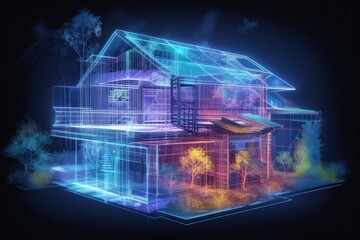 Wall Mural - holographic blueprint of an eco-friendly building design, created with generative ai