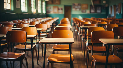 empty classroom. back to school concept in high school. classroom interior vintage wooden lecture wo