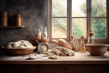 Poster - dough in a bowl with a clean kitchen backdrop, created with generative ai