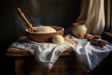 Sticker - dough rising in a bowl with a rolling pin nearby, created with generative ai