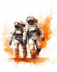 Group of Astronauts Wearing Orange and White Spacesuits Isolated on White Background. Generative ai