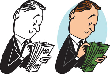 Sticker - A vintage retro cartoon of a businessman counting a stack of dollar bills. 