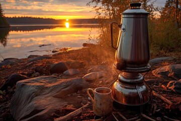 Poster - steaming coffee pot on camp stove at sunrise, created with generative ai