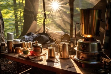 Poster - morning sunlight shining on a camp stove with coffee brewing, created with generative ai