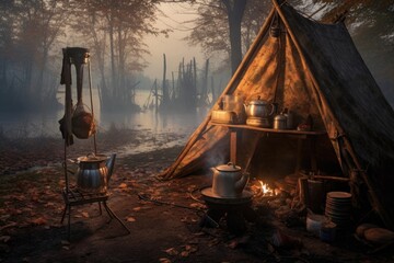 Wall Mural - early morning coffee brewing near tent and campfire, created with generative ai