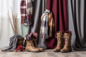 Canvas Print - pair of stylish winter boots with various scarves draped nearby, created with generative ai