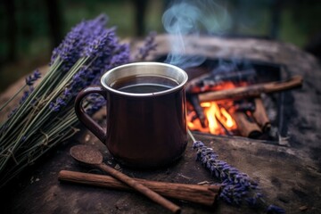 Sticker - lavender tea in a rustic mug beside a campfire, created with generative ai