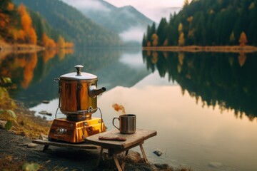 Sticker - brewing tea with camp stove near a tranquil lake, created with generative ai