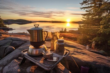 Sticker - brewing tea with teabags and kettle on camp stove at sunrise, created with generative ai