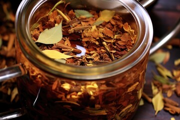 Poster - close-up of tea leaves steeping in a glass teapot, created with generative ai