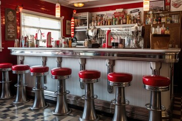 Wall Mural - old-fashioned soda fountain counter with bar stools, created with generative ai