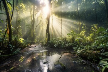 Poster - misty morning in dense rainforest with sun rays peeking through, created with generative ai