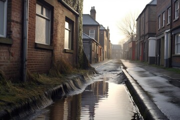 Poster - rainwater creating puddles below an overflowing gutter, created with generative ai