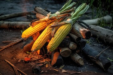 Wall Mural - campfire with corn on the cob roasting on a stick, created with generative ai