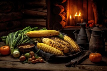 Wall Mural - roasted corn on the cob on rustic wooden table near campfire, created with generative ai
