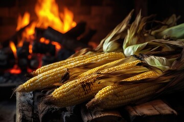 Poster - close-up of corn on the cob roasting over campfire flames, created with generative ai