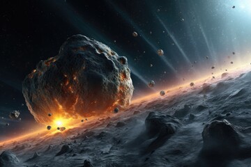 Wall Mural - asteroid surface with cosmic dust swirling around, created with generative ai
