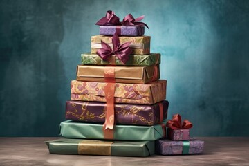 Poster - stack of unwrapped presents with ribbons and bows, created with generative ai