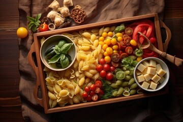 Wall Mural - aerial view of assorted pasta in a wooden tray, created with generative ai