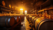 A Spacious Warehouse Where The Wooden Barrels And Glass Bottles Are Kept. Bright Sun Shining Inside. Winery Yard. Generative AI.