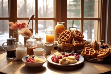 Wall Mural - waffles displayed at a cozy breakfast setting, created with generative ai