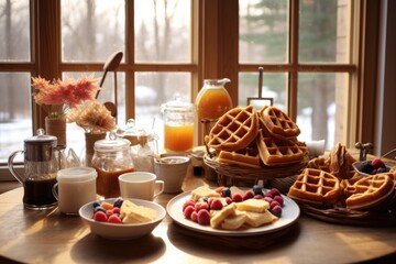 Sticker - waffles displayed at a cozy breakfast setting, created with generative ai