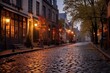© altitudevisual - cobblestone street with lanterns glowing at twilight, created with generative ai