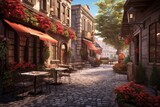 Fototapeta Uliczki - cobblestone street with a cozy outdoor cafe setting, created with generative ai