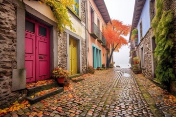 Sticker - cobblestone path with colorful doors and windows, created with generative ai