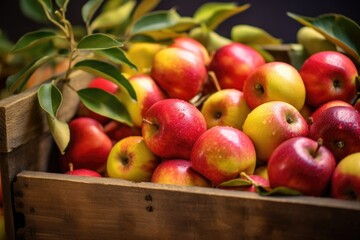 Poster - close-up of freshly picked apples in a wooden crate, created with generative ai