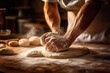© ADDICTIVE STOCK - Generative AI illustration of crop anonymous male baker in apron kneading dough on wooden table while working in bakery