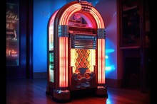 Vintage Jukebox With Glowing Neon Lights, Created With Generative Ai