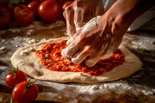 Generative AI Illustration Of Crop Unrecognizable Chef Spreading Tomato Sauce On Dough While Preparing Pizza