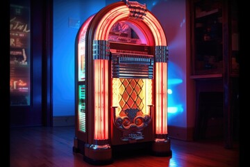 Poster - vintage jukebox with glowing neon lights, created with generative ai