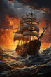 old pirate style ship in sea during storm, cloudy sunset, painting style, background wallpaper image, painting style