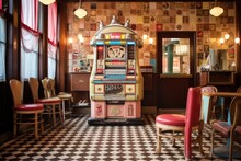 Jukebox In An Old-fashioned Ice Cream Parlor Setting, Created With Generative Ai
