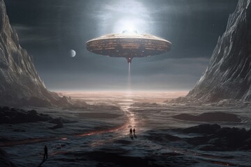 Wall Mural - alien spacecraft landing on a desolate moon surface, created with generative ai